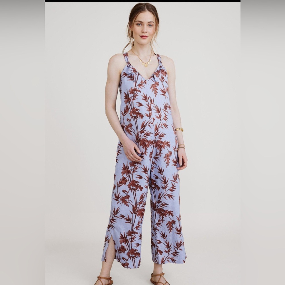 Hatch Noa Blue Floral Tropical Print Sleeveless Linen Jumpsuit
1